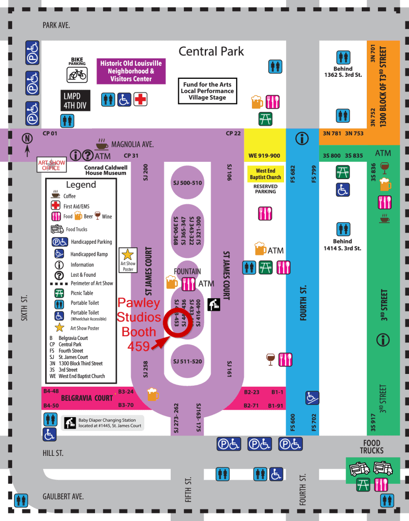 Event map highlighting Pawley Studios at Booth 459 in St. James Court, near the central fountain.